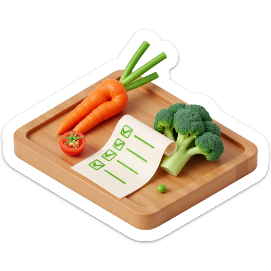 carrot tomato brocoli on the wooden cutting board with floating rolled paper list with green checkboxes sticker