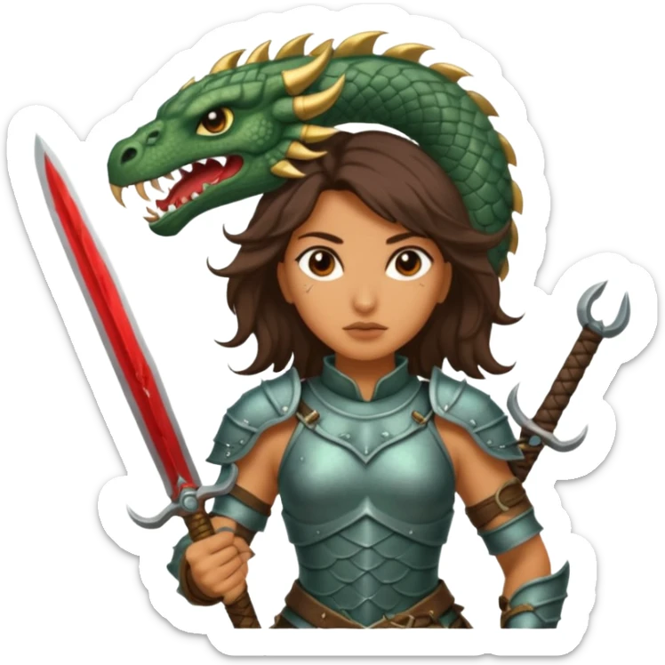 Fierce Latina in armor with a sword after a battle cutting off the head of a hydra sticker