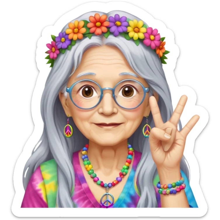 Elderly woman with long gray hair, peace sign necklace, colorful tie-dye clothing, round glasses, flower crown, hippie grandma sticker