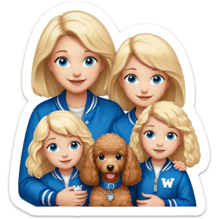 smiling mother in letterman jacket with W and Blue eyes, two Little girls Long blond straight hair and Blue eyes, poodle puppie brown sticker