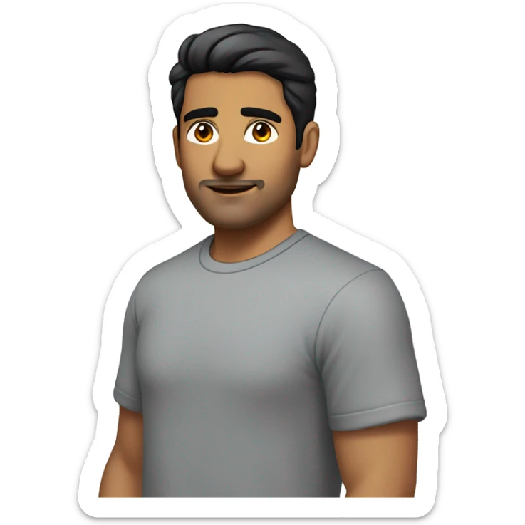 A head and shoulders shot of a 31 year old South Asian man, with short black hair, with none facial hair,   with brown eyes wearing a t-shirt. sticker