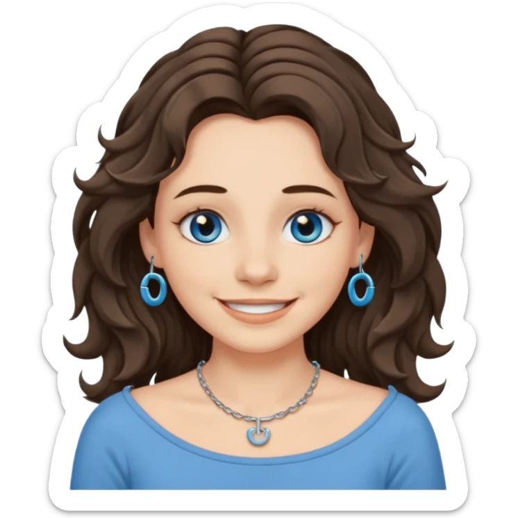 character with long wavy brunette shag hair, blue-grey eyes, boatneck top, septum piercing, emoji style sticker