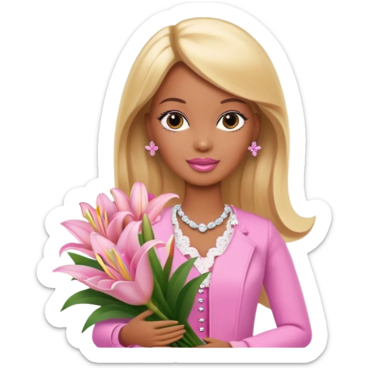 Brown skin blonde hair barbie with baby pink lily bouquet  sticker