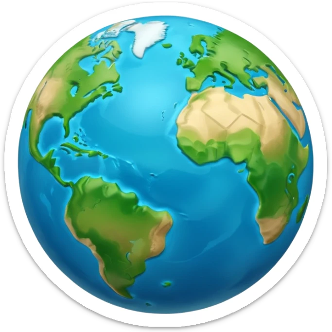 A 3D emoji in iOS emoji aesthetic style of planet Earth, showing blue oceans and green continents, soft glow effect, glossy surface, minimal white background, realistic Apple-style lighting sticker