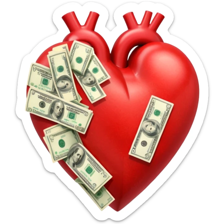"Realistic HD red heart fused with money, cash integrated into the heart, glossy texture, clean white background." sticker