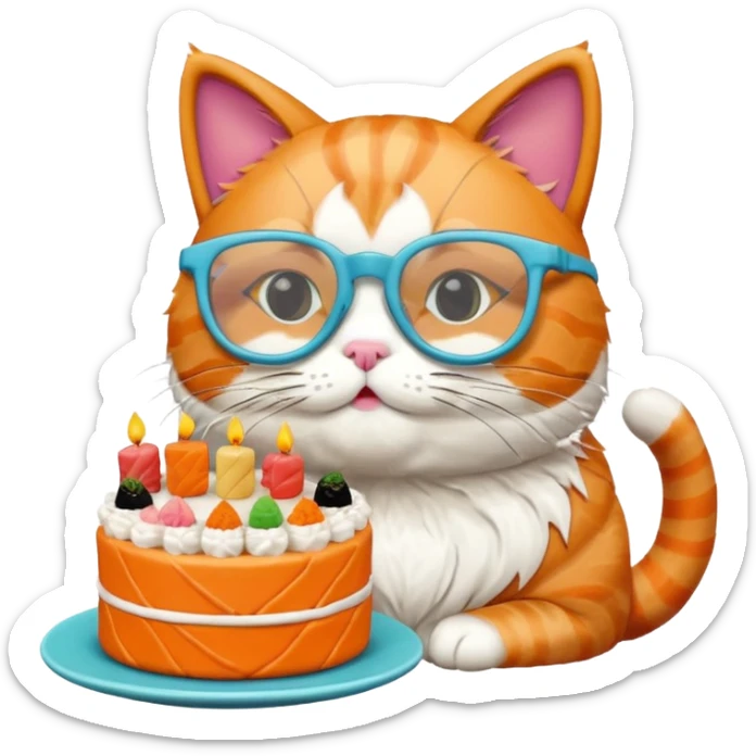 cat with cool square shaped glasses eating a birthday cake made out of sushi sticker