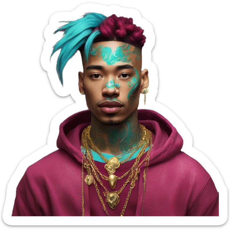 Vintage patina intricate swirls gold jewellery baroque golden raven tropical Deep pink maroon burgundy cyan dark hoodie man vitiligo dyed hair gold piercings nose piercing ear piercings sticker