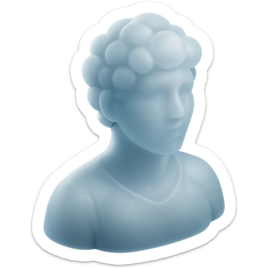 front view portrait of a person from shoulders up, fully composed of white fluffy convex clouds, matte glass style sticker