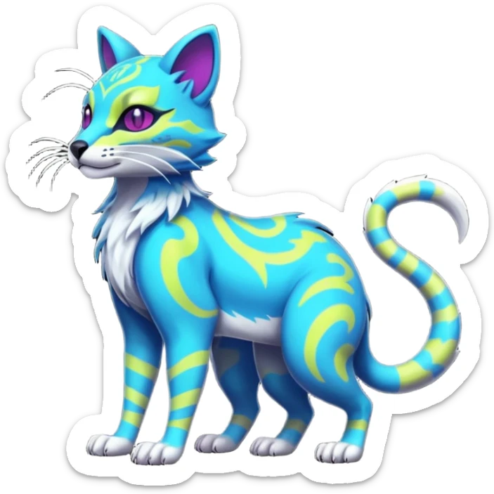 Neon-colored fantasy feline-marsupial-vernid-protogen-primagen-fursona animal creature full body with intricate markings  sticker