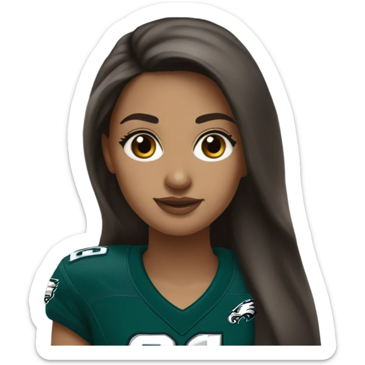 girl with brown hair, brown eyes, white skin. silver earrings, long hair. wearing Philidelphia Eagles gear sticker