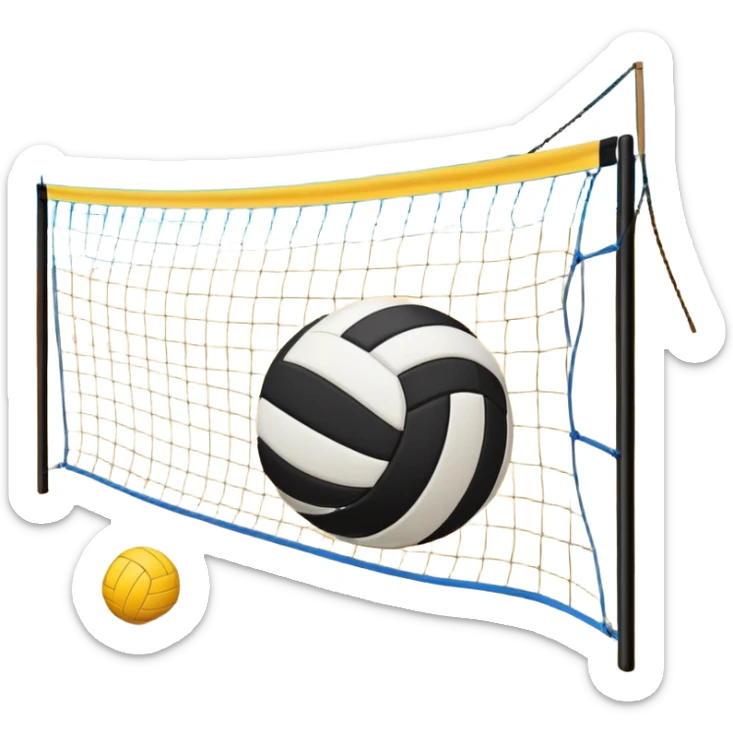 The scene captures the relaxed yet competitive vibe of beach volleyball, with warm sunlight and the natural beauty of the beach. A volleyball resting on the yellow sand on a beach, with the net in the background and a scenic view of the ocean and sky.  sticker