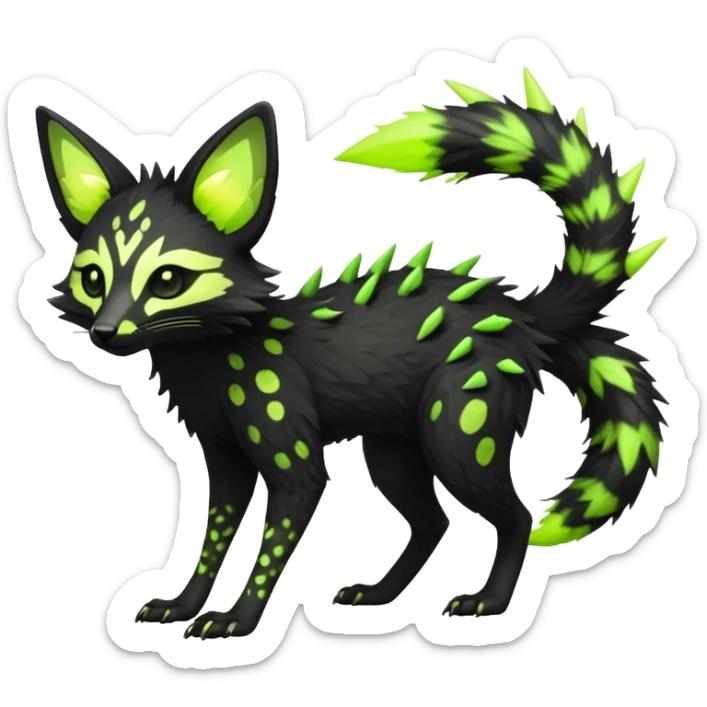 Rare realistic black edgy toxic radioactive-themed black fur with neon-lime-green-glowing  epic handsome gorgeous aesthetic vibrant Vernid-Trico-Genet-species-hybrid-Fakemon-creature by LiLaiRa, 4 legs, 1 tail, random markings, (full body) with tiny spikes on tail sticker