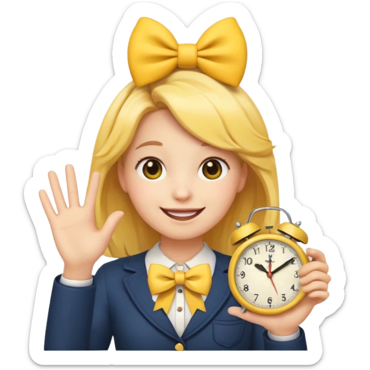 Yellow regular smiling emoji with hand saying clock it with bow in hair preppy cute aesthetic  sticker