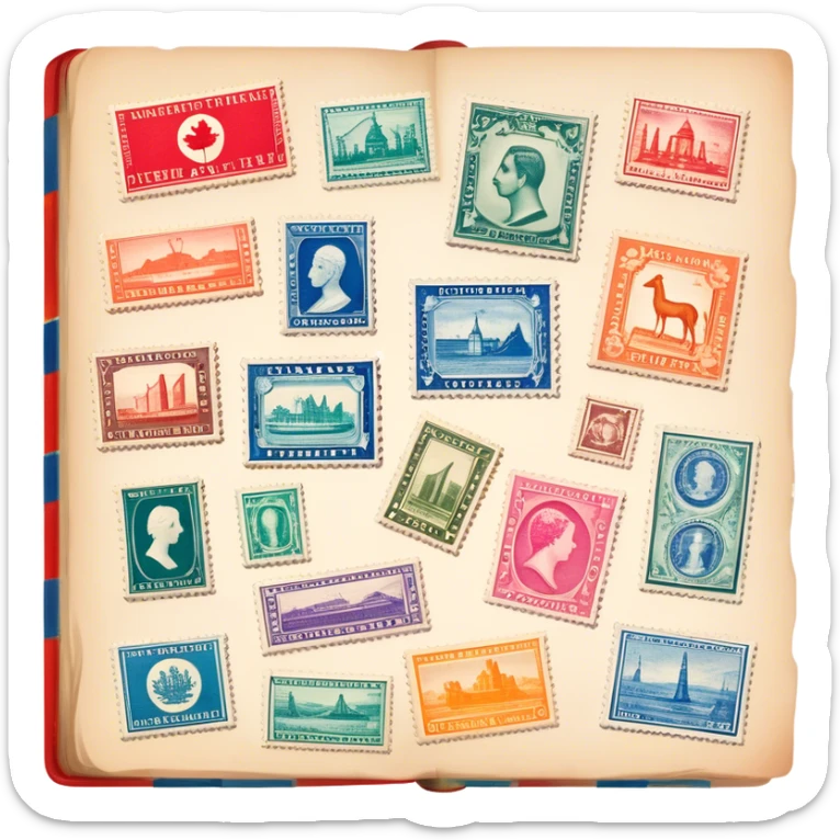 Icon for Stamp Collecting: a collection of vintage and colorful stamps arranged in an album or on a desk, with a large stamp block in the center showcasing different countries and themes. The icon should reflect the charm and history of philately. Transparent background. sticker