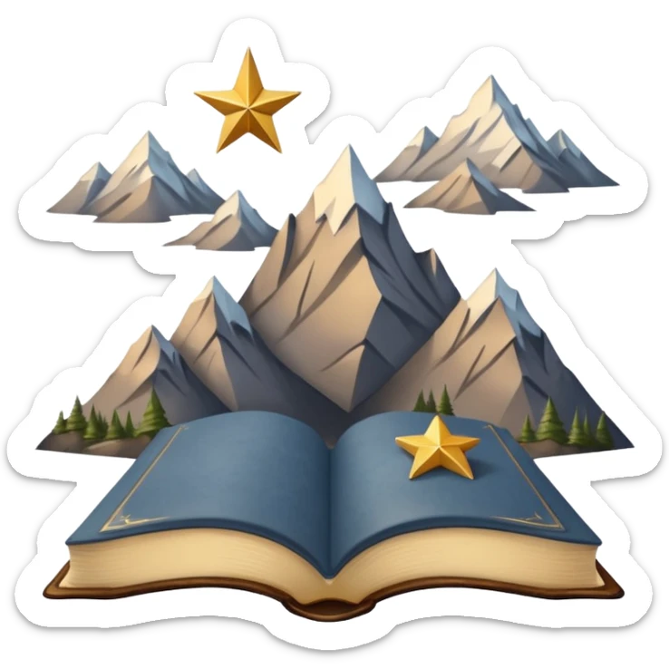 three mountain peaks of gray color, above each of the peaks there is a golden star, in front of the mountain peaks there is an open book sticker