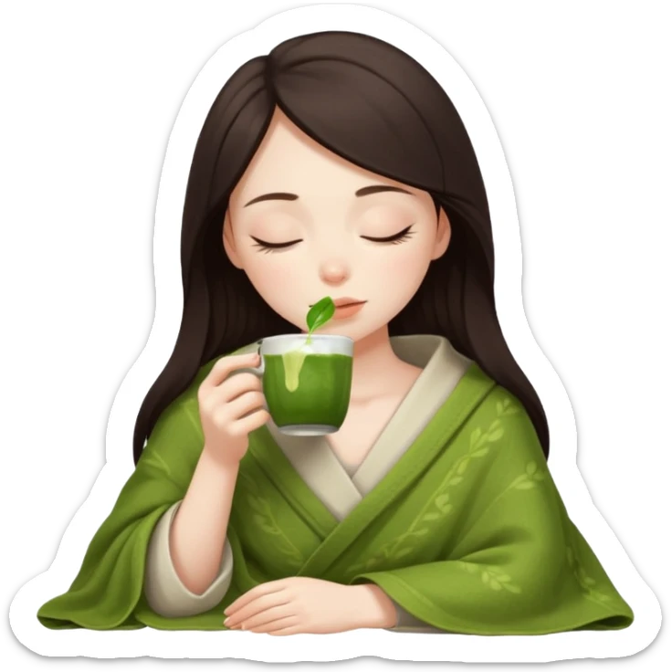 White Girl dark brown hair  inside a blanket sipping matcha eyes closed sticker