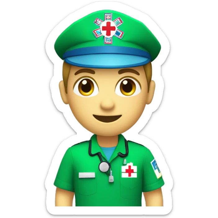 Paramedic, short sleeve green shirt, NHS logo, ambulance crest on shirt sticker