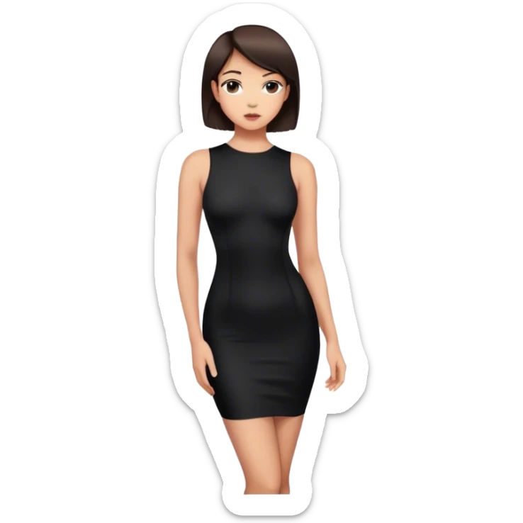 Tight and short black bodycon dress. Light skin and short dark brown hair sticker