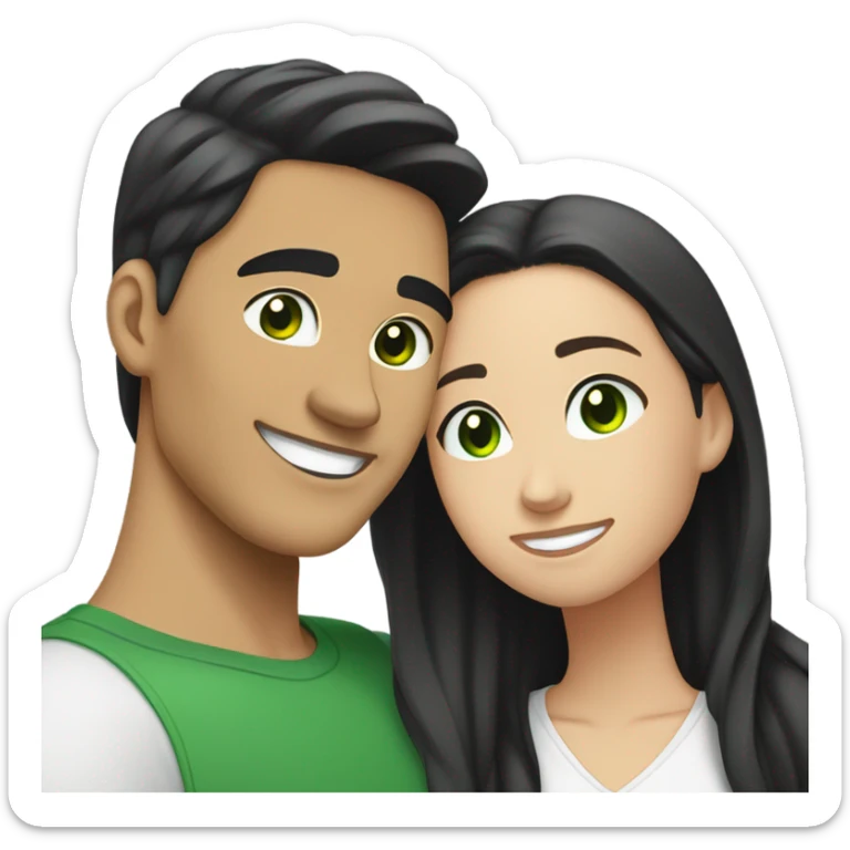 Light skin Asian male with straight black undercut hair and a white brunette female with green eyes and long wavy hair tightly hugging each other  sticker