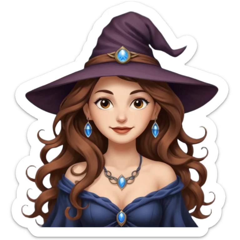 moon witch woman long wavy brown hair tattoos shoulder glance smirk sticker