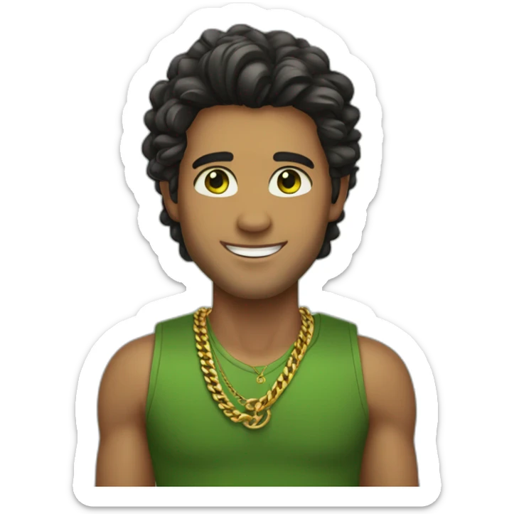 smiling man with tan skin with vibrant green eyes dark hair and a gold chain sticker