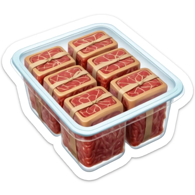 A 3D cartoon pack of minced meat wrapped in transparent plastic, supermarket-style packaging, top angleMemoji-style. sticker