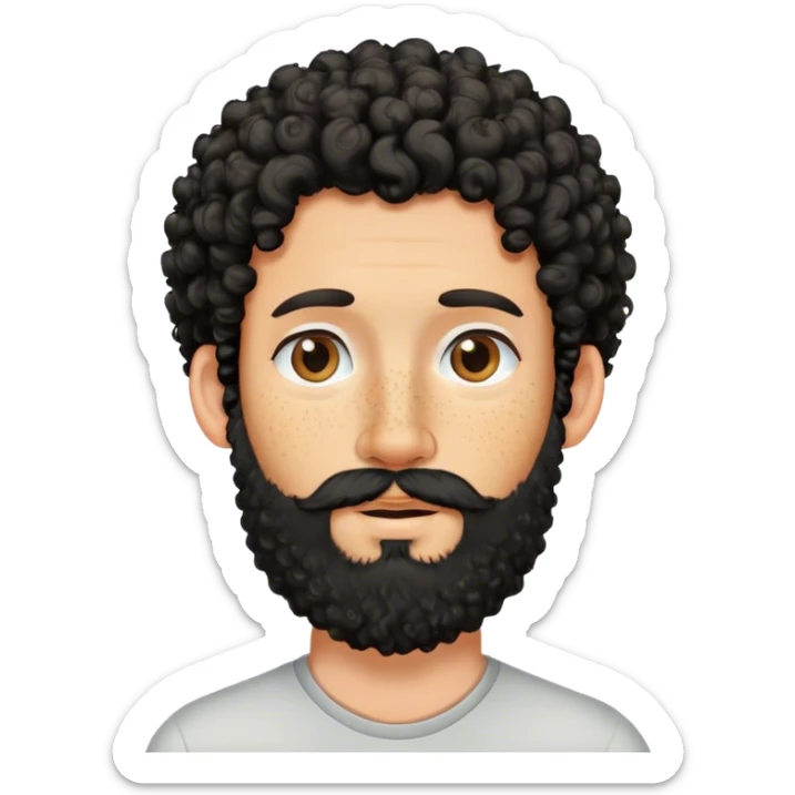 White man with freckles, black and curly hair, beard and earring on his nose sticker