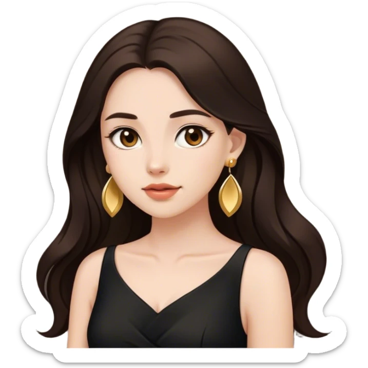 Beautiful woman,cute, long dark brown hair in dark dress with gold earrings sticker