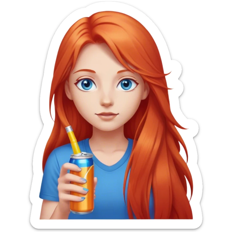 girl with light red long hair with blue eyes with energy drink in hand  sticker