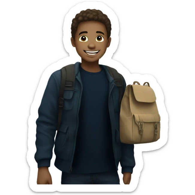 smiling boy outdoors with bag sticker