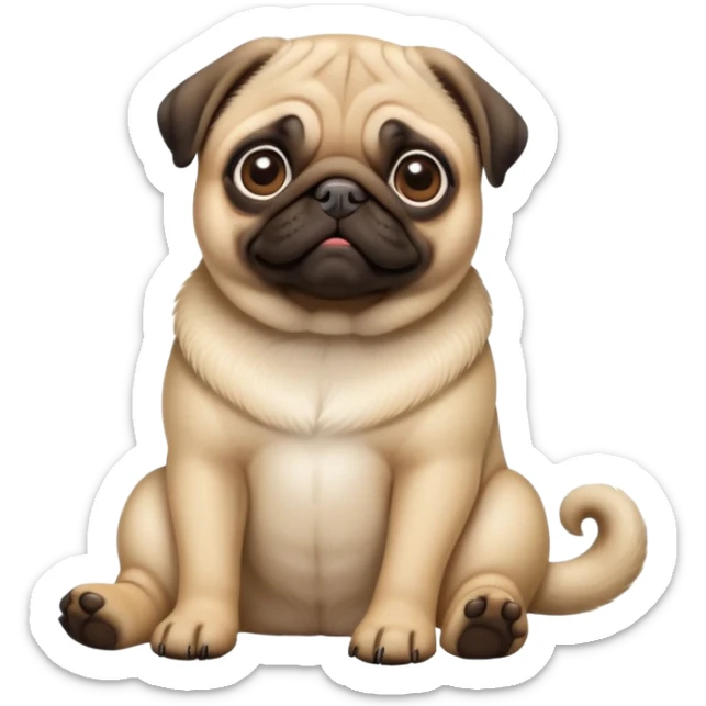 detailed-[pug]-realistic-full-body-sitting-emoji,-tail-resting-loosely-beside-its-paws,-head-tilted-dramatically, -sleek-fur,-simplified-yet-realistic-focused-features,-highly-detailed,-glowing-with-an-almost-sarcastic-glow sticker