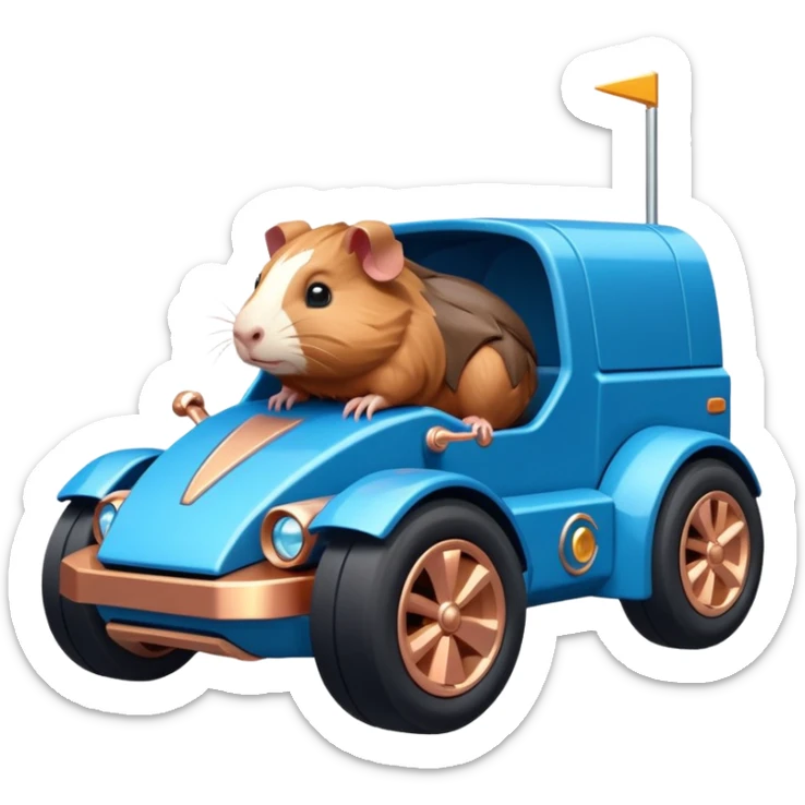 dark crystal blue and rosegold-accented cyber truck-faceted-body electric racing car driven by a small cute but fearless Guinea pig with rear spoiler, roll bar, and wheely bar sticker