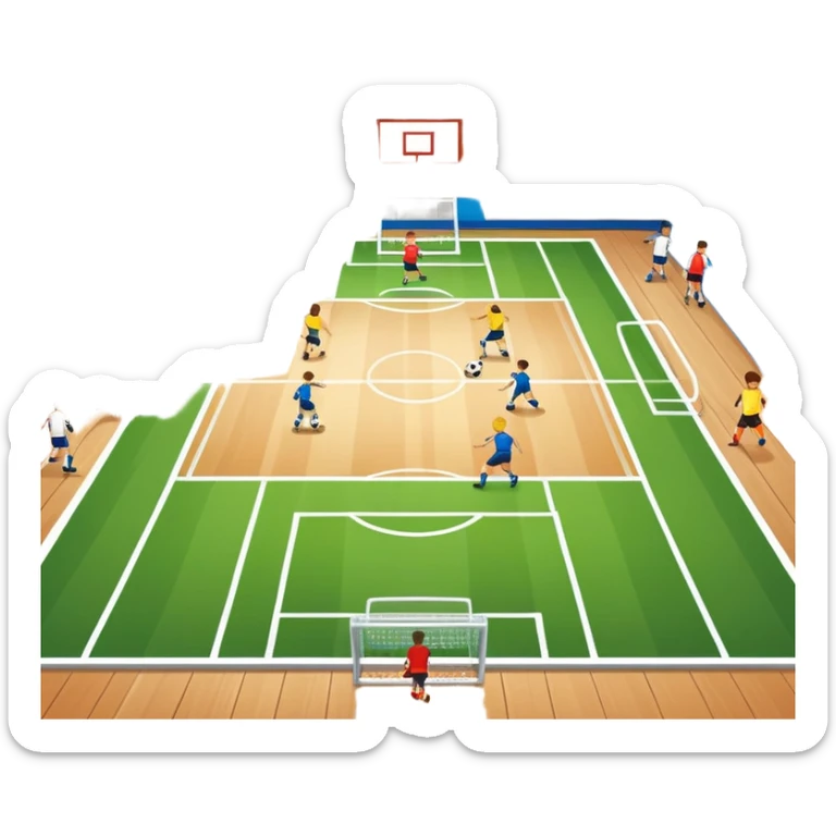 A mini-football match in an indoor sports hall with wooden flooring and clear field markings. The scene shows a vibrant game in action, with players positioned on the court, the goalposts visible, and the atmosphere filled with energy and focus. sticker