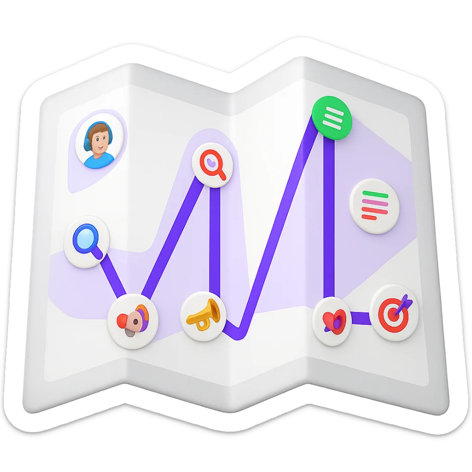Create a modern, clean paper map emoji in the style of Apple emojis, open to reveal the attached digital roadmap drawing inside with a purple path and icons. The map represents a step-by-step guide for musicians, looking new, colorful, and inviting. No city map elements, no old or antique style, and no text. Transparent background. sticker