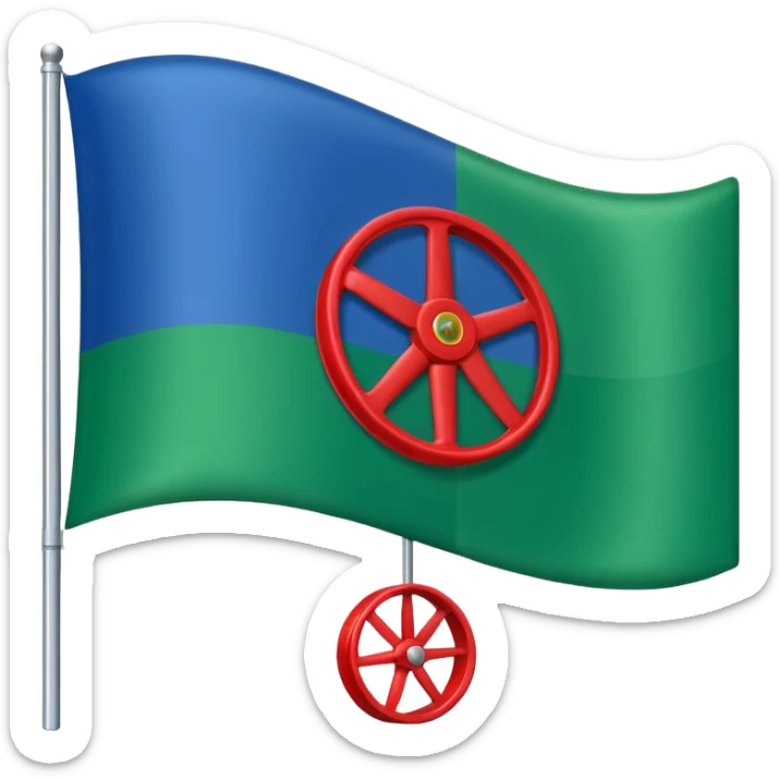 flag with green at the bottom and blue at the top with a red wheel in the middle sticker