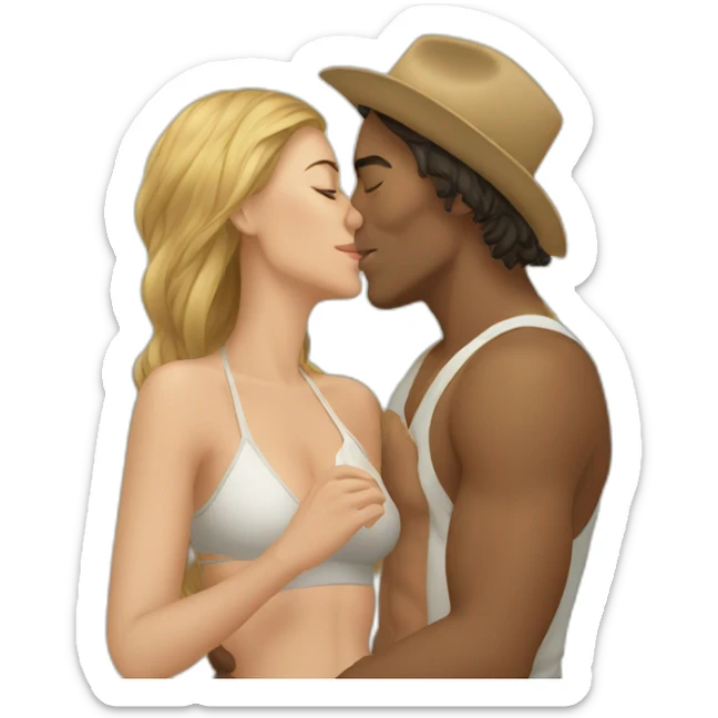 at the beach young metis man and white woman kiss love sticker