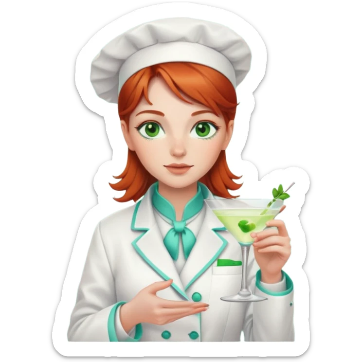 Redhead girl Chef with green eyes wearing a white coat with aqua trim drinking a martini sticker