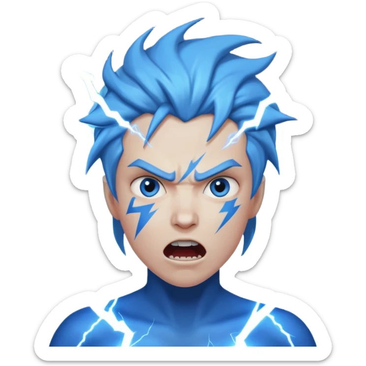 Rayos, centellas y estrellas en una cara color azul con expresiones de furia sticker