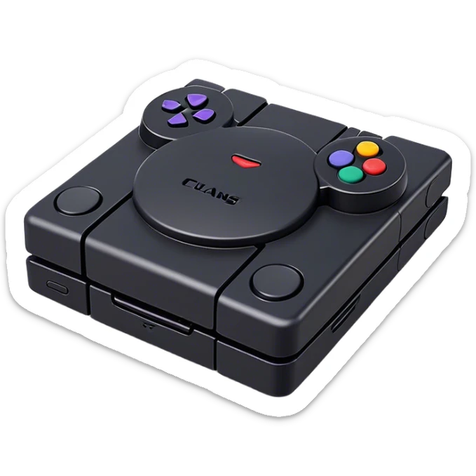 Clash of Clans aesthetic: Cinematic Playful PlayStation 1 Console Portrait Emoji, rendered in a 3D vector-style similar to standard emojis with minimal shading and bold, simplified shapes. A compact, distinct form with signature details, softly glowing with a cutting-edge console technology charm. Simplified yet unmistakably iconic, highly detailed and consistent, glowing with a soft radiance and high shine. Stylized with a touch of technological advancement and a soft glowing outline, capturing the essence of a beloved gaming relic with a friendly, playful manner! sticker