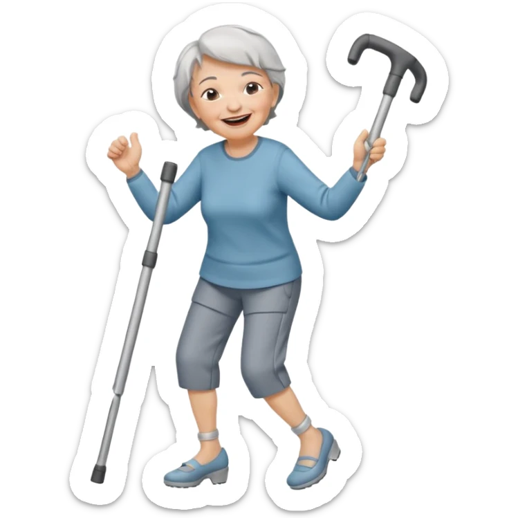 elderly woman with pants, short grey hair, laughing and dancing th crutches                    and with a sorry look sticker