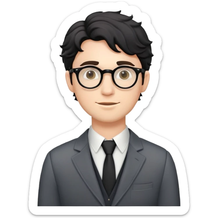 Young caucasian man with black wavy hair, round glasses, semi-formal theater outfit with blazer and collared shirt sticker