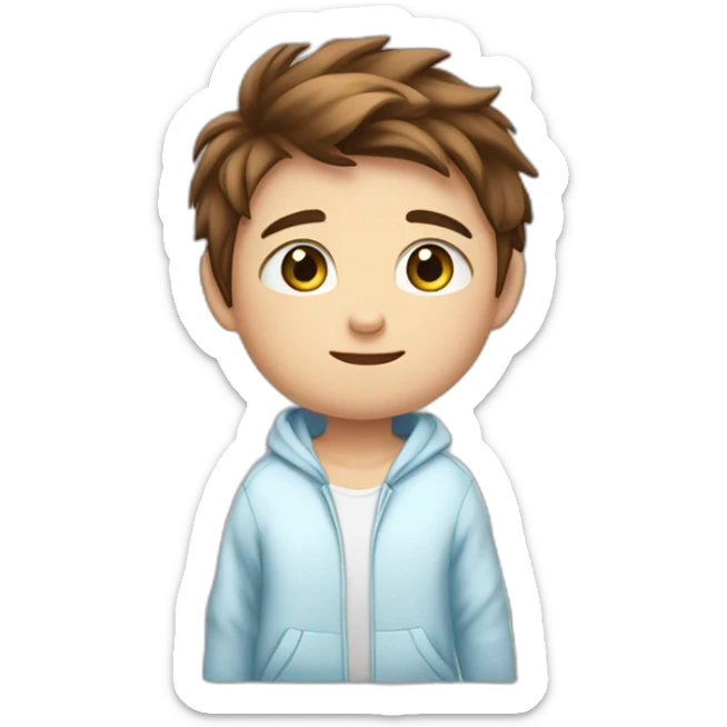 Little kid with a blue eyes and brown hair good one .. Little bit fat... White.. Blue pijama with a jacket sticker