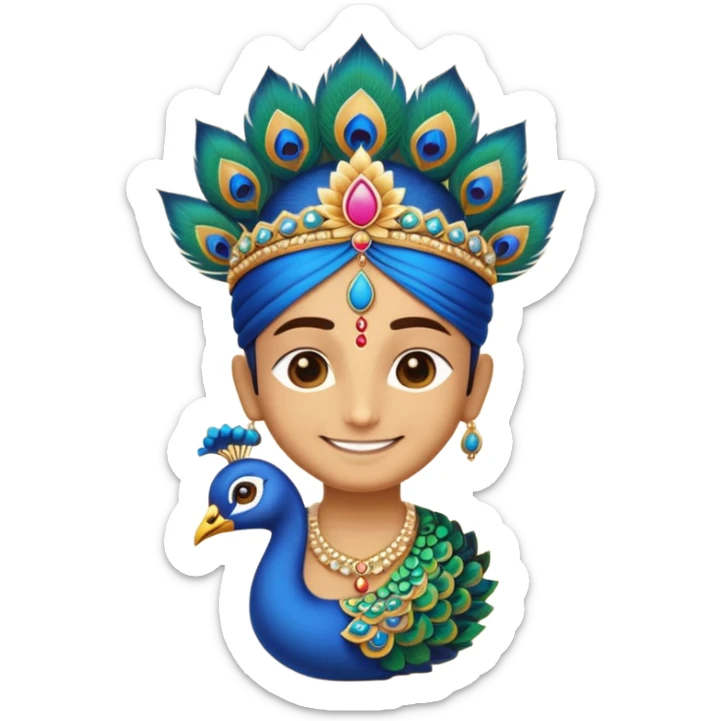Create a cute and divine emoji of Khatu Shyam Ji with a charming smile, glowing aura around the head, traditional Rajasthani attire, peacock feather on the crown, tilak on the forehead, holding a lotus flower, with a soft golden background and spiritual energy radiating from the emoji face." sticker