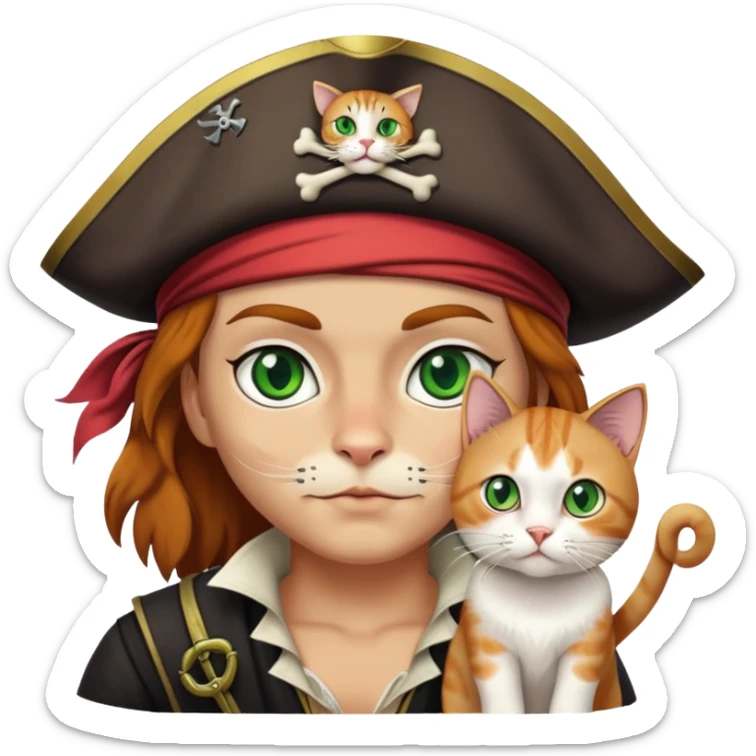 pirate with a cat face and the cat has green eyes and the cat is white sticker