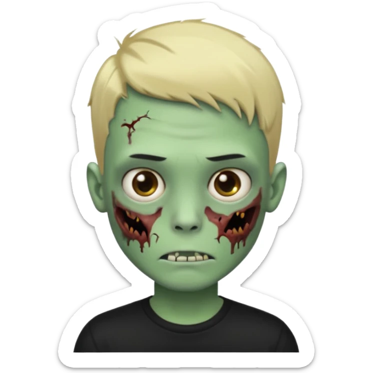 Faça um emoji de um garoto zumbi de cabelos pretos curtos com mechas loiras e com uma camisa preta de mangas compridas. sticker