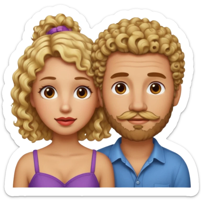 sarı saçlı kıvırcık kahverengi gözlü güzel dudaklı kızla kıvıcık kısa saçlı kahverengi çenesinde sakal ve bıyık olan kısık gözlü erkek aşk emojisiyap sticker