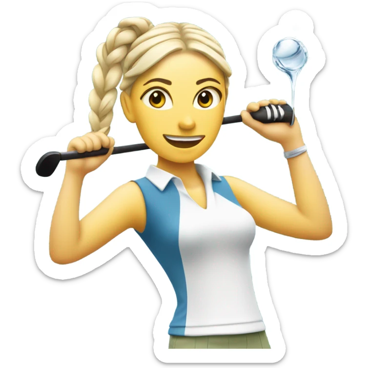 Female golfer with blonde hair and braids, swinging a driver off the tea box with water in the background sticker