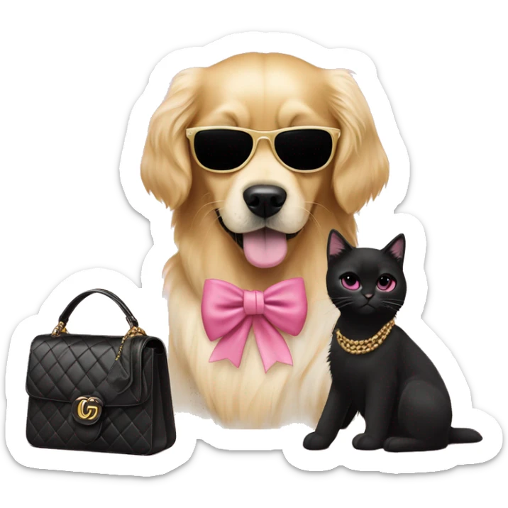 Cute golden retriever with pink bow and Chanel purse and a black cat wearing Gucci with sunglasses on sticker