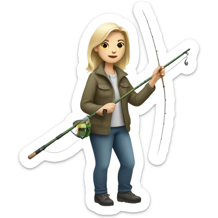 White Skin colored woman fishing, holding a fish and a fishing rod sticker