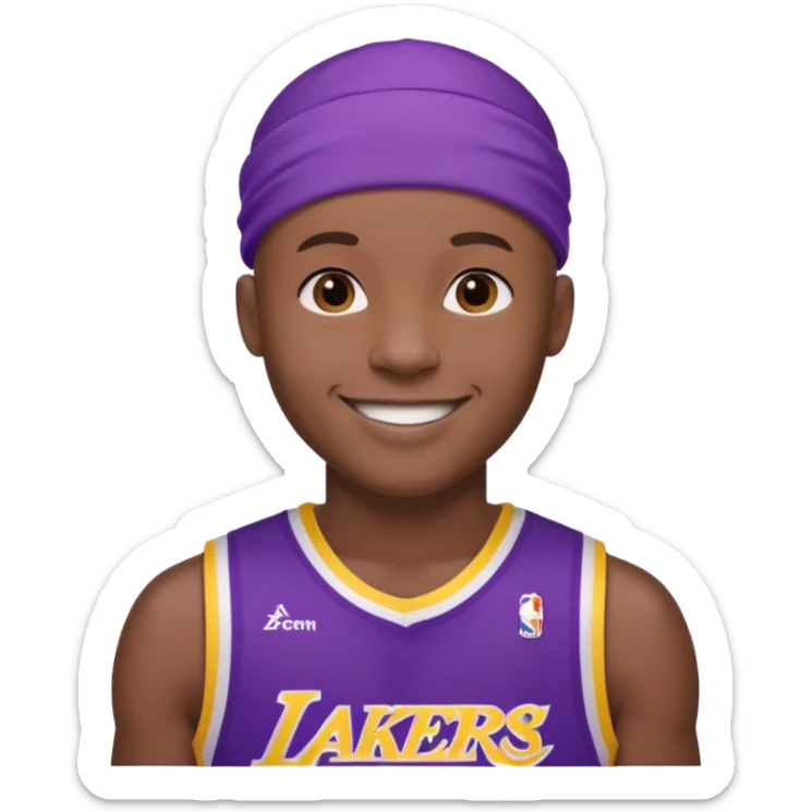 ["Black male, shaved head, wearing a purple Lakers jersey with headband."] sticker